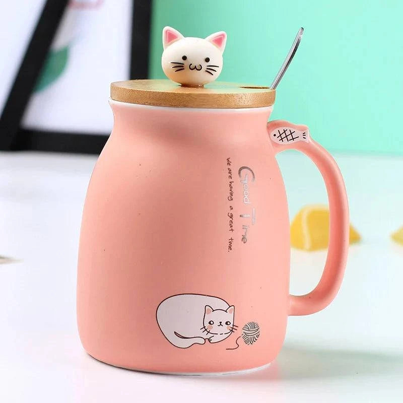 Creative color cat heat-resistant Mug cartoon with lid 450ml cup kitten coffee ceramic mugs children cup office Drinkware gift - PST PS Tradings