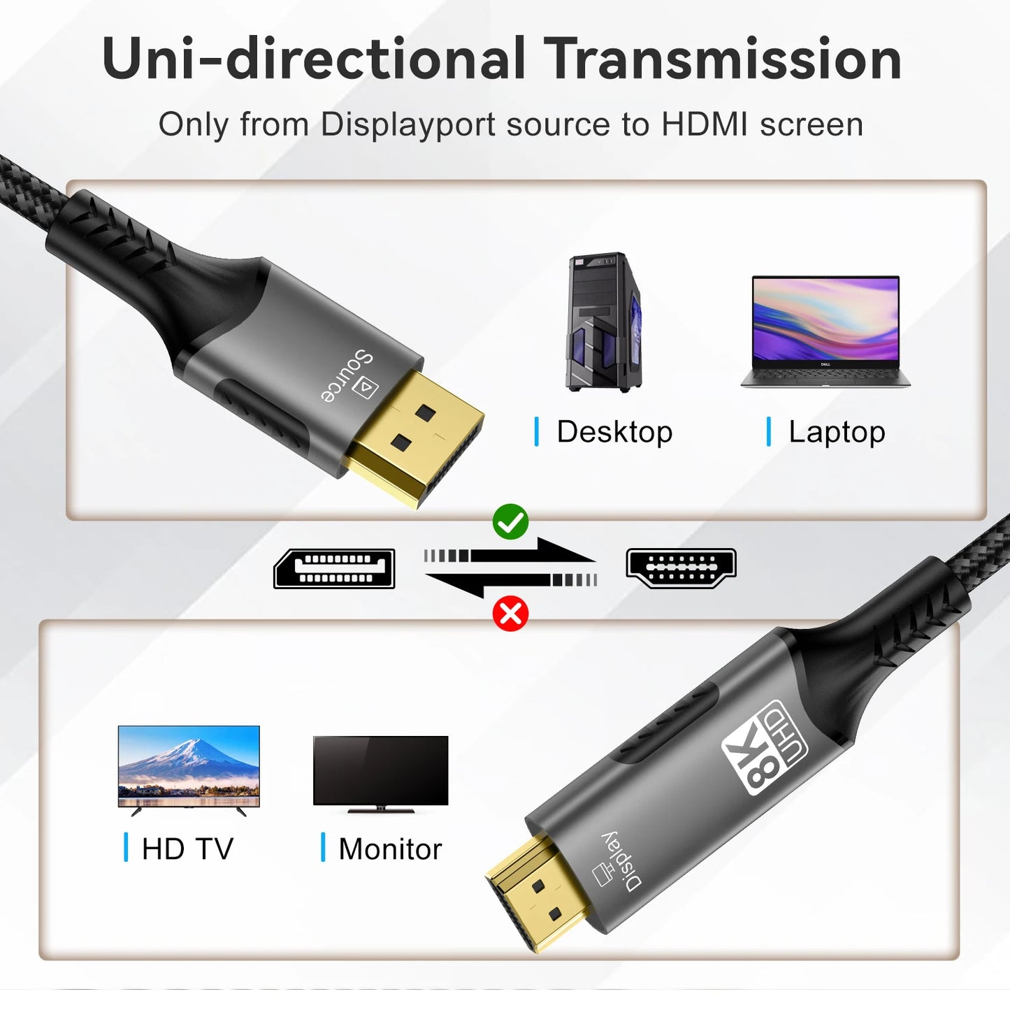 8k dp zu hdmi 2,1 kabel audio video konverter uni direktion aler adapter 8k @ 60hz 4k @ 120hz für hdtv projektor laptop monitor