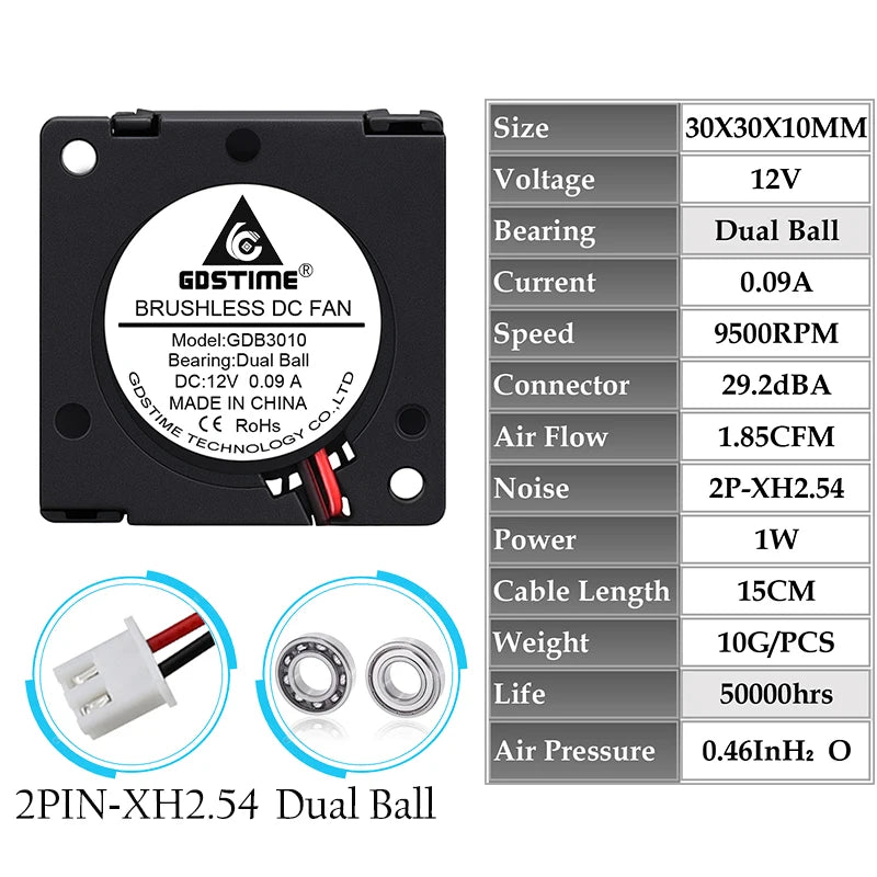 2 Pieces Gdstime DC 5V 12V 24V 30x30x10mm Sleeve Dual Ball 1 inch Small Mini Blower Cooling Fan 30mm x 10mm 3cm 3010 3D Printer