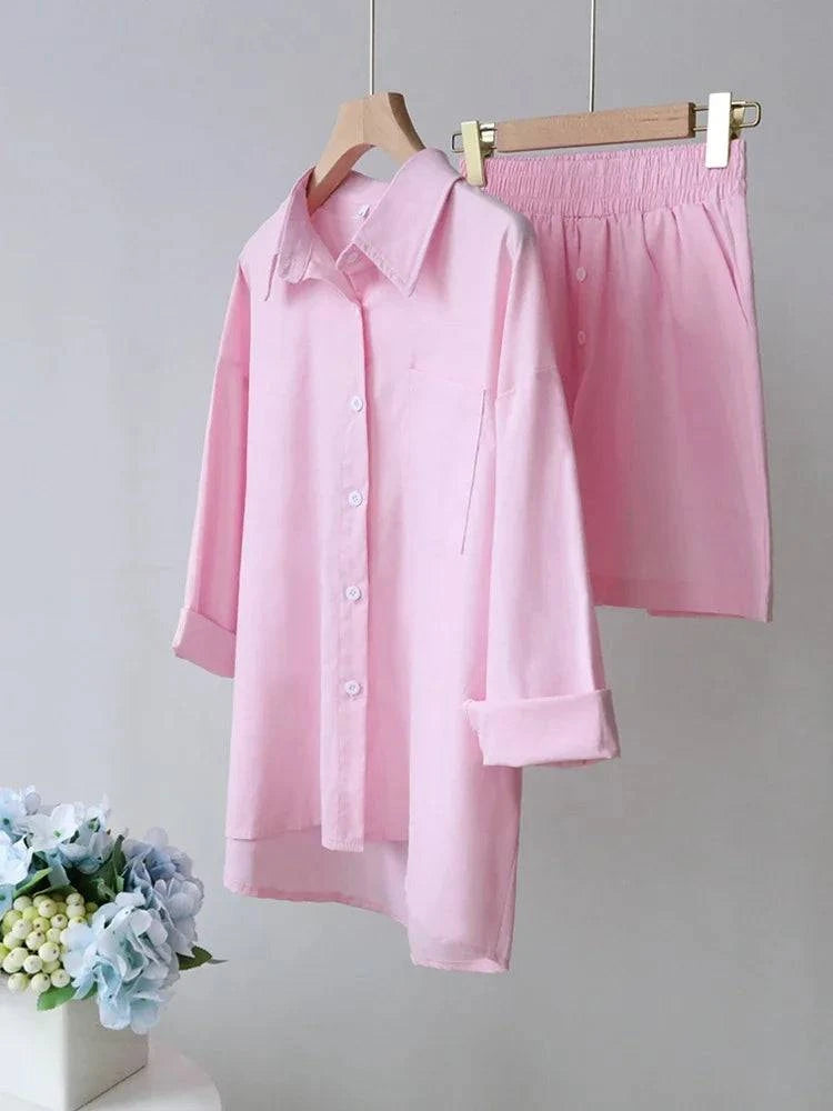 2024 Summer Casual Cotton Linen Suits with Shorts for Women Shirt and Shorts Set Outfit Long Sleeve Ankle-Length Pants Tracksuit - Property & Safety Tradings