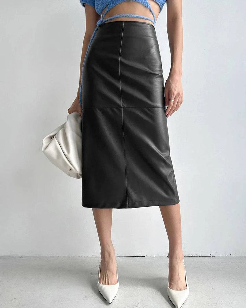 Mnealways18 Elegant Pu Khaki Skirts Womens High Waist Straight Faux Leather Long Skirts Autumn Office Ladies Zipper Skirts 2024 - Property & Safety Tradings