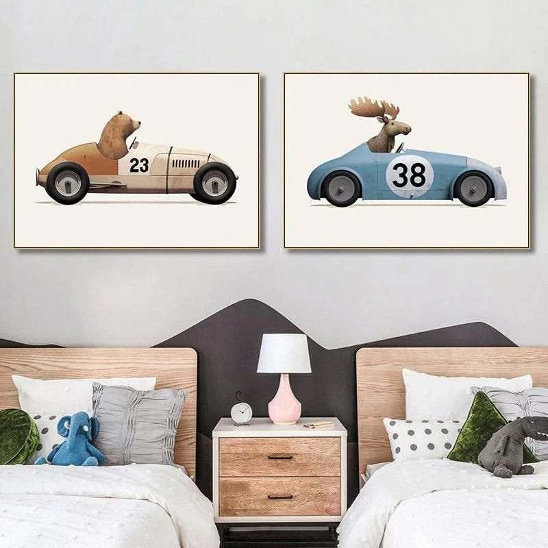 Funny Cartoon Animals Car Art Nursery Wall Poster Print Giraffe Bear Rabbit Children Kid Room Canvas Painting Home Decor Picture - Property & Safety Tradings