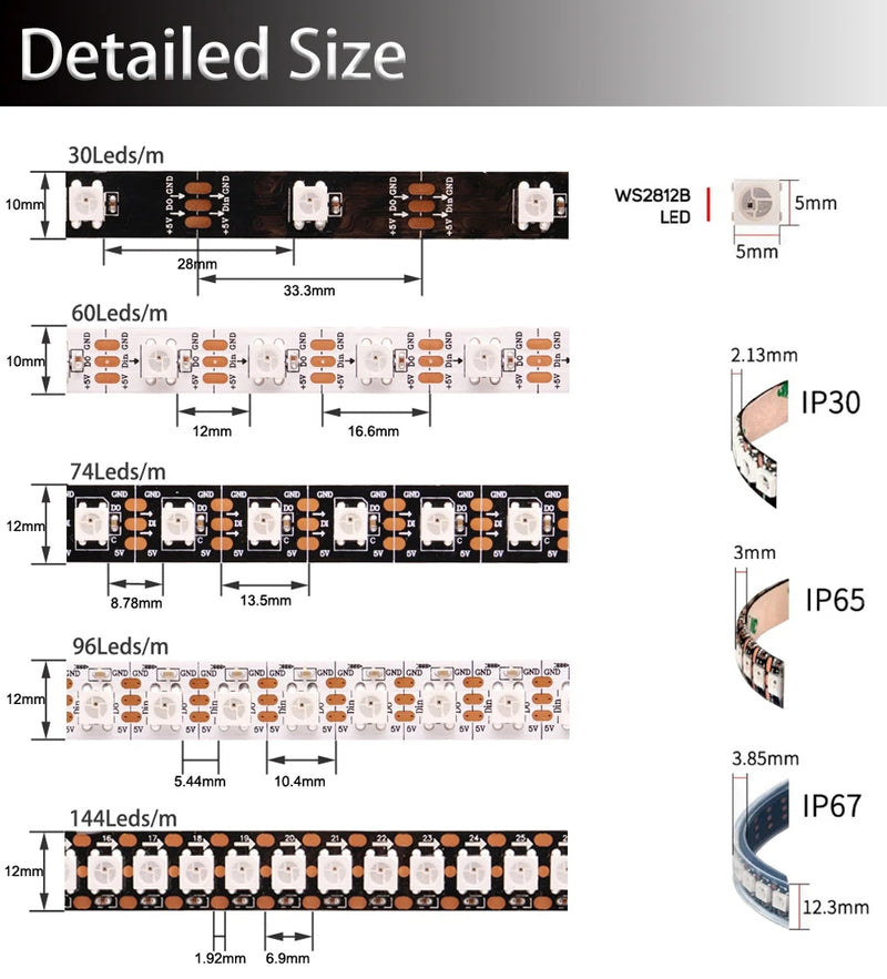 DC5V WS2812B Individually Addressable 5050 RGB Led Strip WS2812 Smart Pixels Led Light Black White PCB Waterproof IP30/65/67