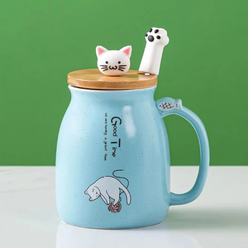 Creative color cat heat-resistant Mug cartoon with lid 450ml cup kitten coffee ceramic mugs children cup office Drinkware gift - PST PS Tradings