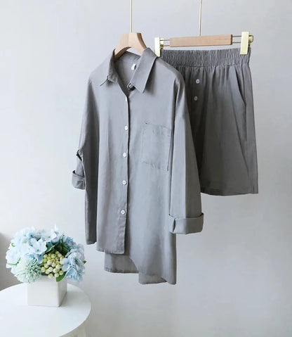 2024 Summer Casual Cotton Linen Suits with Shorts for Women Shirt and Shorts Set Outfit Long Sleeve Ankle-Length Pants Tracksuit - Property & Safety Tradings