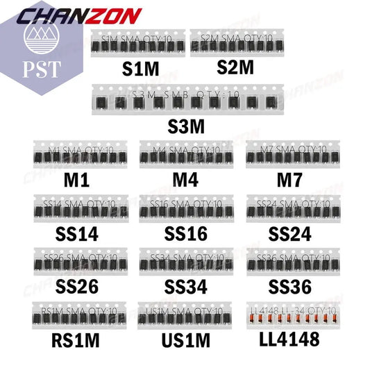 SMD Fast Switching Schottky Diode Assorted Kit Set M1 M4 M7 S1M S2M S3M SS14 SS16 SS24 SS26 SS34 SS36 RS1M US1M LL4148 - PST PS Tradings