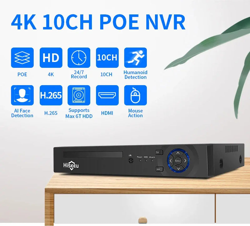 Hiseeu H.265+ 4CH 10CH 16CH POE NVR For IP Security Surveillance Camera CCTV System 5MP 8MP 4K Audio Video Recorder Face Detect - Property & Safety Tradings