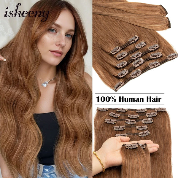 Isheeny 14"-24" Clip In Human Hair Extensions Brazilian Remy Natural Clip Human Hair Extension Real Natural Clip On 80G-140G - PST PS Tradings