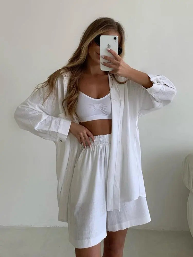 Summer Women's Suit Solid Cotton Casual Shorts and Shirts 2 Piece Sets Womens Outfits Linen Fashion Blouse Women's Suit 2025 - Property & Safety Tradings