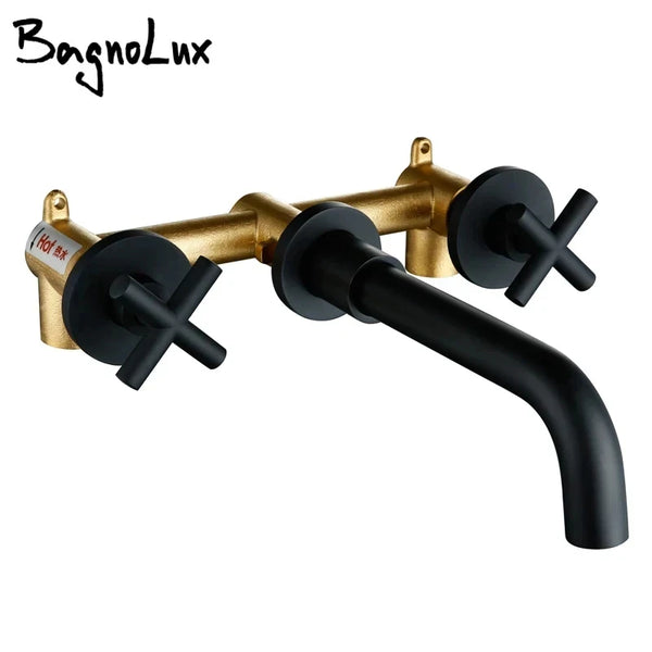 Wasserhähne Top Mode Neue Ankunft Wand Waschbecken Becken Mischbatterie Set Bad Auslauf Wasserhahn Mit Doppel Hebel In Matt Schwarz/poliert Gold