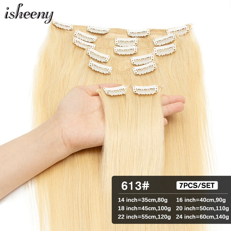 Isheeny 14"-24" Clip In Human Hair Extensions Brazilian Remy Natural Clip Human Hair Extension Real Natural Clip On 80G-140G - PST PS Tradings