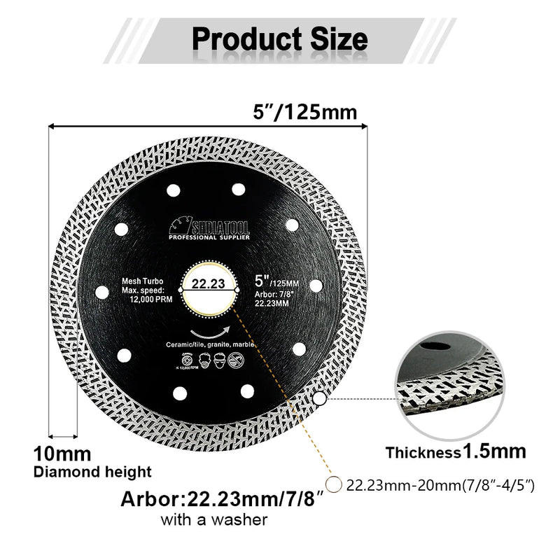 SHDIATOOL 4/4.5/5inch Diamond Cutting Disc Mesh Turbo Porcelain Tile Marble Stone Cutting Wheel Marble Circular Saw Blade Cutter