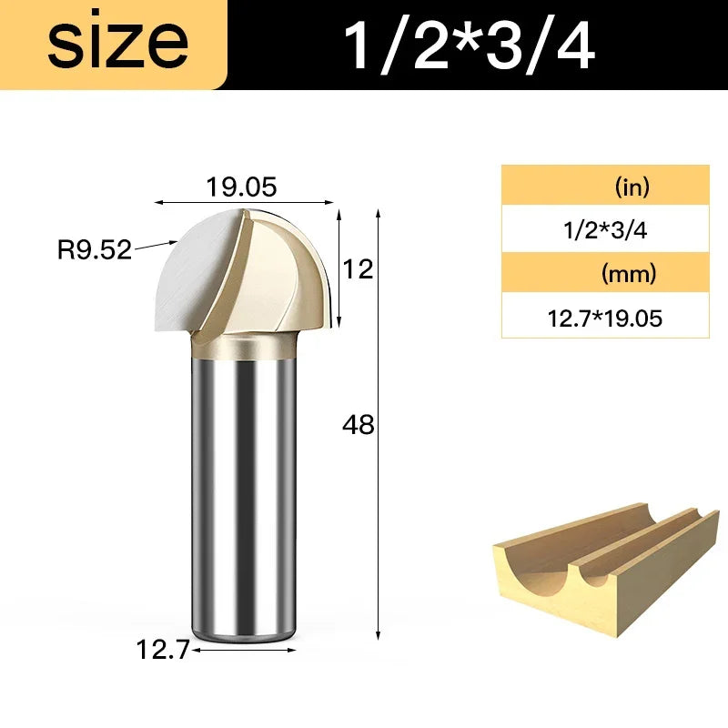 Core Box Round Cove Nose Bit Tungsten Carbide CNC Woodworking Groove Tools Router Bits for Wood 1/2 1/4 Shank Milling Cutter