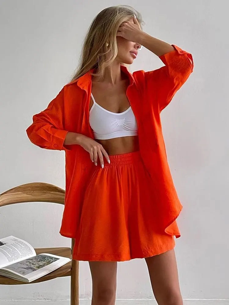 Summer Women's Suit Solid Cotton Casual Shorts and Shirts 2 Piece Sets Womens Outfits Linen Fashion Blouse Women's Suit 2025 - Property & Safety Tradings