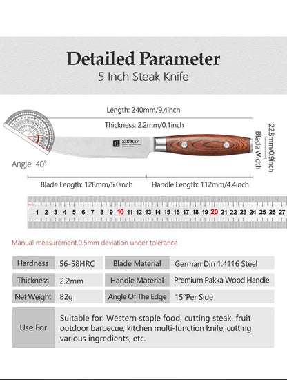 XINZUO 1/4 PCS 5'' Steak Knives DIN 1.4116 Stainless Steel Kitchen Knife Set High Carbon Steel Tableware Cutter Tools Pakkawood - Property & Safety Tradings