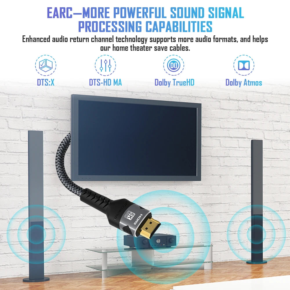 8k HDMI-Kabel 2,1 48 Gbit/s Hochgeschwindigkeits-HDMI-geflochtene Cord-4K @ 120Hz 8k @ 60Hz, dts: x, HDCP 2,2 & 2.3, HDR 10 für kompatiblen Laptop/PS5