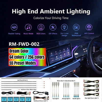 Universal Car Ambient Light Kit With Wireless APP Control 256 RGB Dream Color and 55 Preset Modes LED Neon Footlight Accessories - Property & Safety Tradings