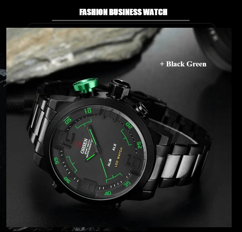 Fashion Sport Watch Men Digital Quartz LED Steel Strap Man Dual Time Watch 3ATM Waterproof Military Wristwatches Relogios - Property & Safety Tradings