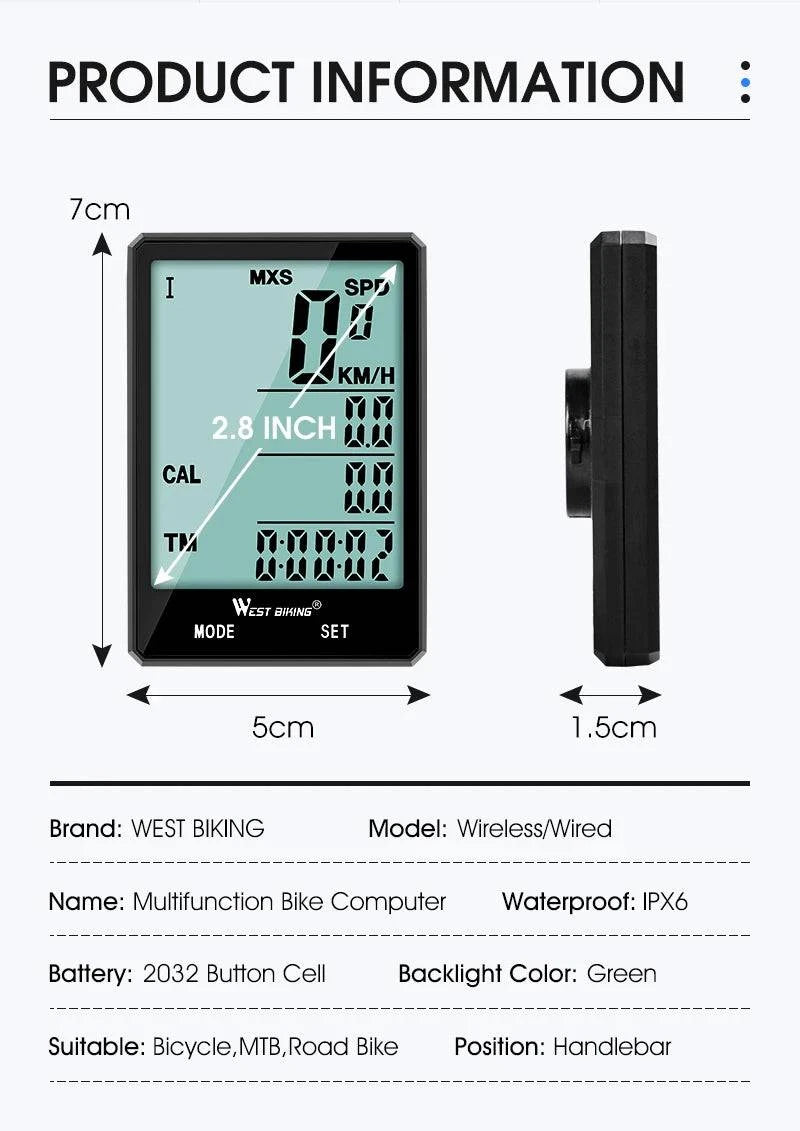 WEST BIKING 2.8 inch Bicycle Computer Large Screen Speedometer Wireless Wired Waterproof Sensor Cycling Odometer Bike Computer - Property & Safety Tradings