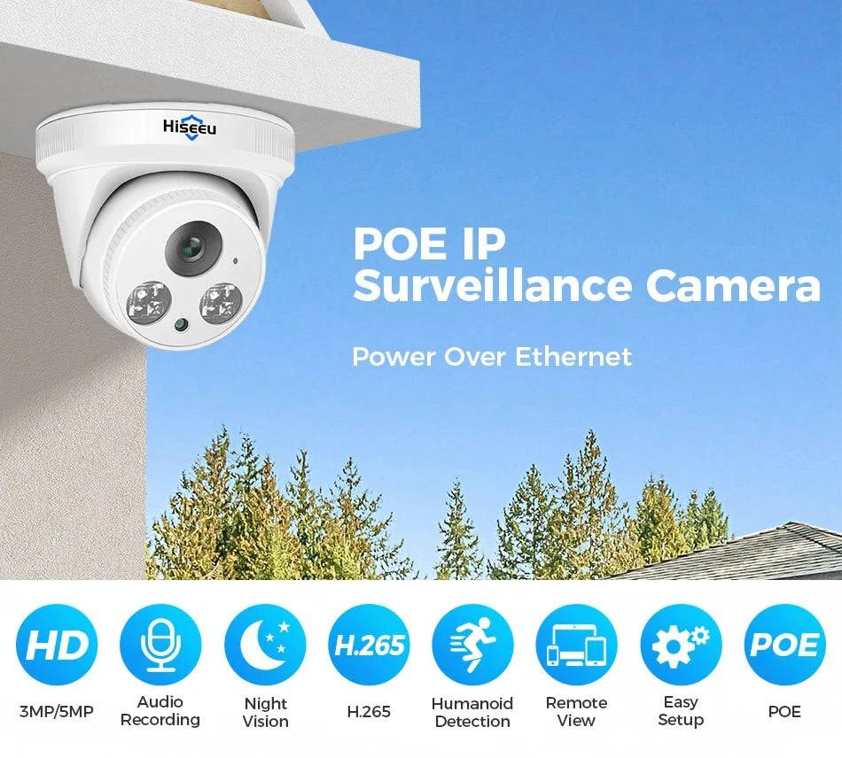 Hiseeu 5MP 3MP POE IP Security Surveillance Camera H.265+ Dome CCTV ONVIF Audio Record Motion Detection Indoor Home Roof - Property & Safety Tradings