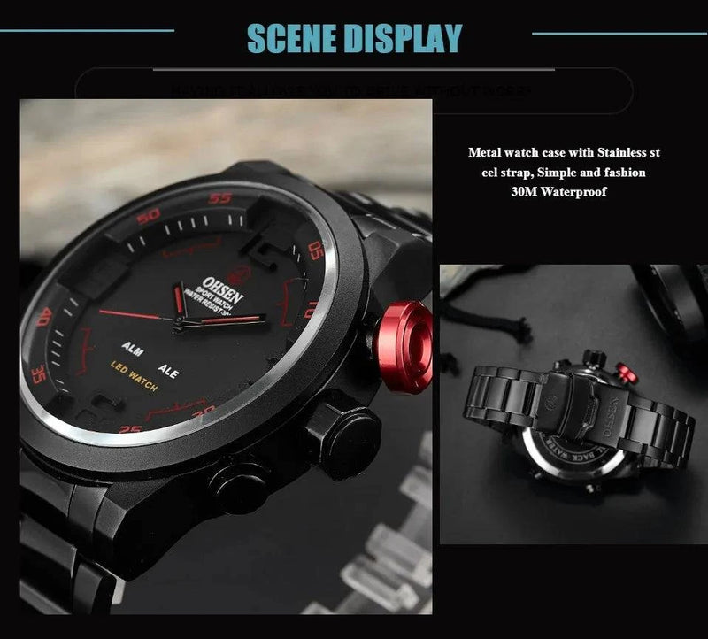 Fashion Sport Watch Men Digital Quartz LED Steel Strap Man Dual Time Watch 3ATM Waterproof Military Wristwatches Relogios - Property & Safety Tradings