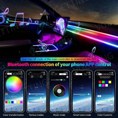 Vgetting 18 in 1 Car Ambient Lights Symphony LED Interior Acrylic Strips Atmosphere Light Button APP Control RGB 64 Colors 12V - Property & Safety Tradings