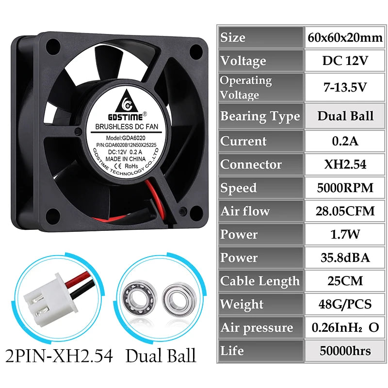 2 Pcs Gdstime 60x60x20mm 6020 12V 24V Dual Ball 3D Printer Cooler Fan 60mmx20mm Brushless Machine Equipment DC Motor Cooling Fan - PST PS Tradings