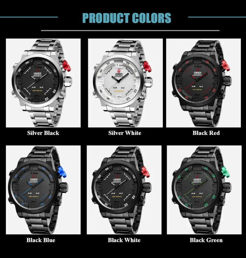 Fashion Sport Watch Men Digital Quartz LED Steel Strap Man Dual Time Watch 3ATM Waterproof Military Wristwatches Relogios - Property & Safety Tradings