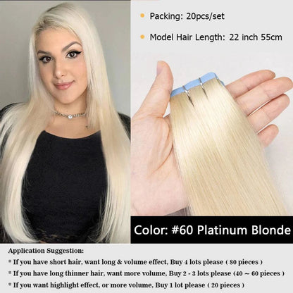 MRSHAIR Tape in Hair Extensions Human Hair Blonde Seamless Tape Hair Extensions 4x0.8cm Skin Weft PU Tape On Hair 20PCS 12"-24" - PST PS Tradings