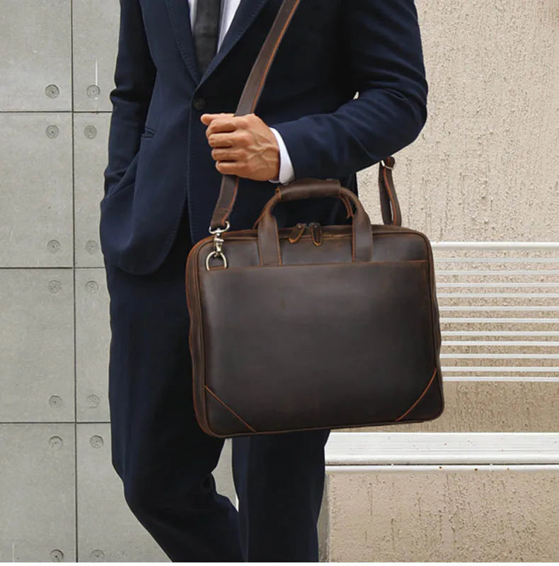 Crazy Horse Genuine Leather Men Briefcase Vintage 16 inch Big Business Laptop Handbag Large Cowhide Messenger Shoulder Bag Man