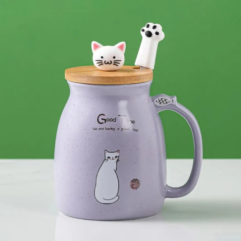 Creative color cat heat-resistant Mug cartoon with lid 450ml cup kitten coffee ceramic mugs children cup office Drinkware gift - PST PS Tradings