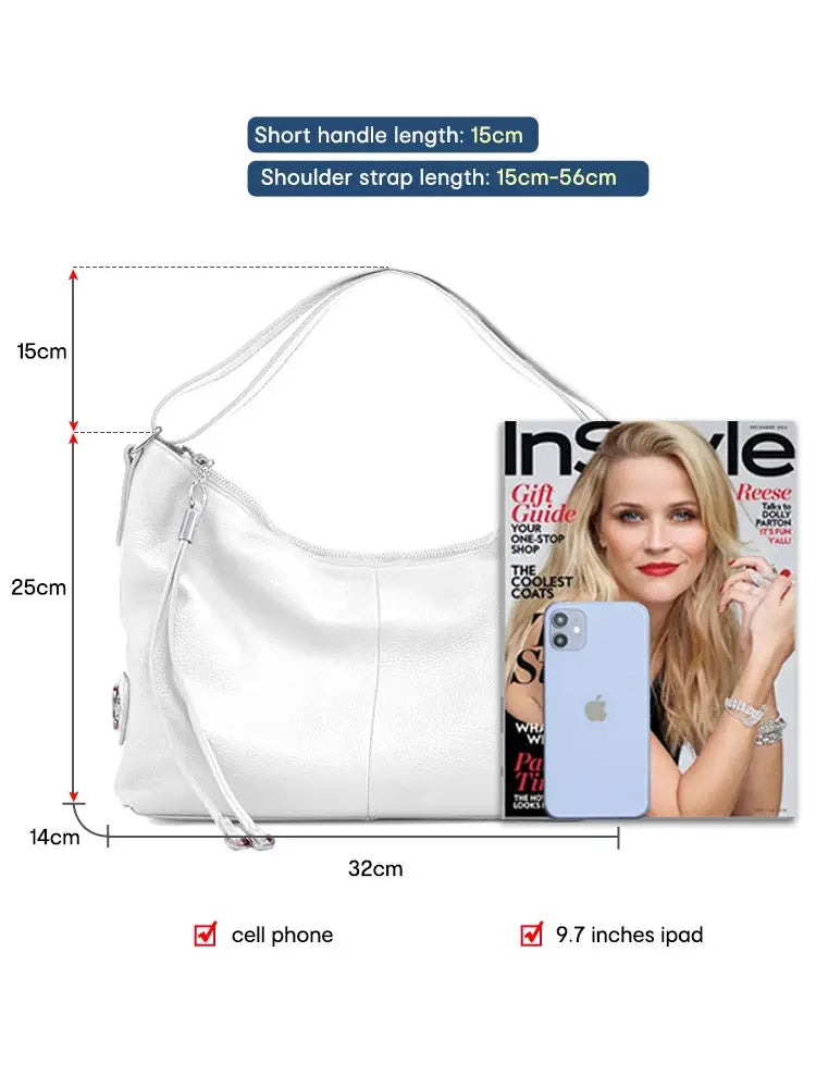 Zency 100% Genuine Leather Large Women Shoulder Bag Tote Adjustable Wide Strap White Handbag Purse Black Hobo Bag Designer Bags - Property & Safety Tradings