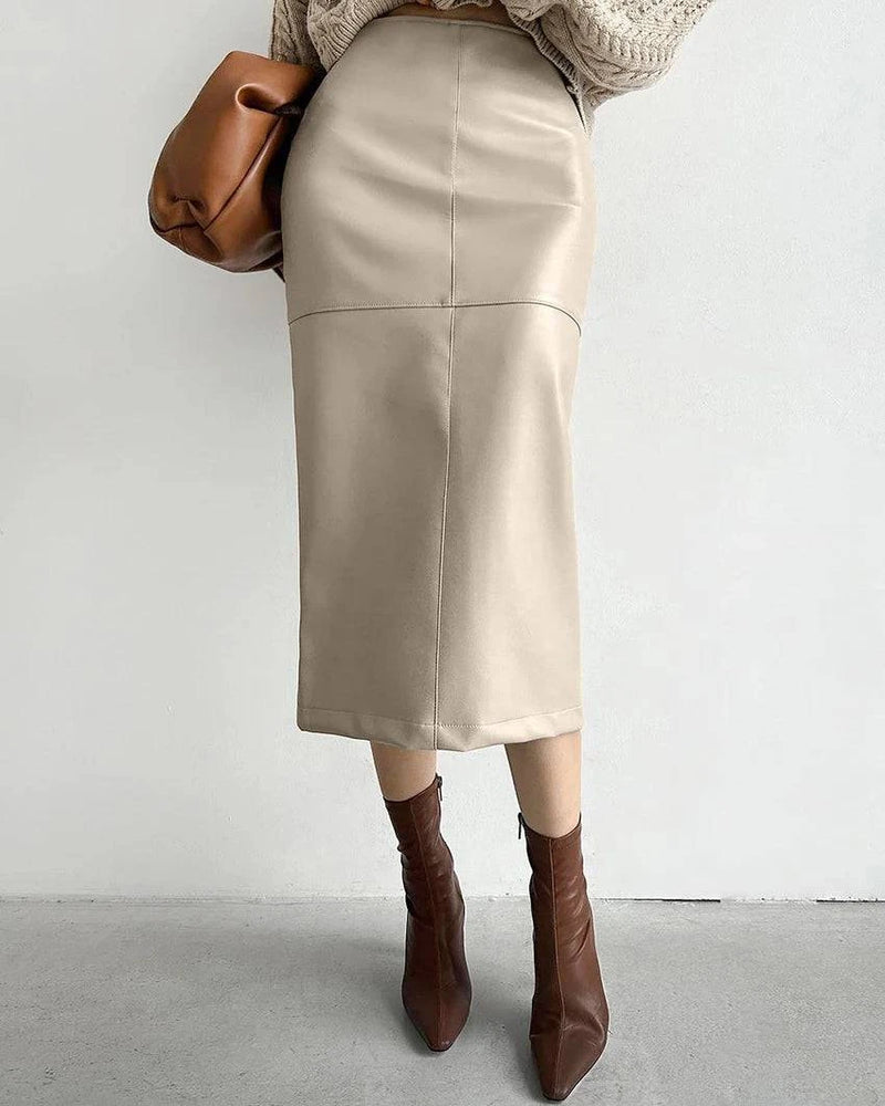 Mnealways18 Elegant Pu Khaki Skirts Womens High Waist Straight Faux Leather Long Skirts Autumn Office Ladies Zipper Skirts 2024 - Property & Safety Tradings