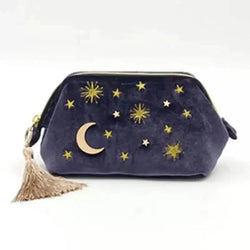 Cute Velvet Embroidery Cosmetic Bag Travel Organizer Women Makeup Bag Zipper Make Up Pouch with Moon Star Tassel Deco - PST PS Tradings