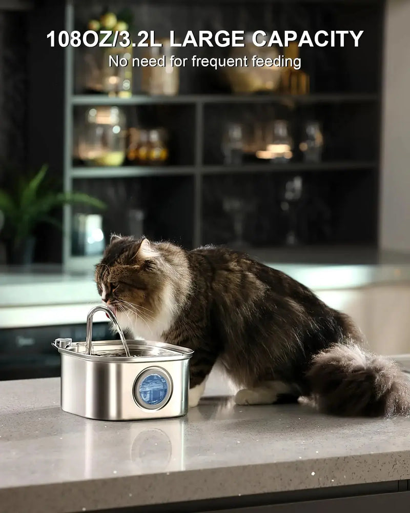 3.2L Cat Water Fountain Pet Water Fountain Stainless Steel Dog Water Dispenser Automatic Cat Fountain with Level Window for Cats - Property & Safety Tradings