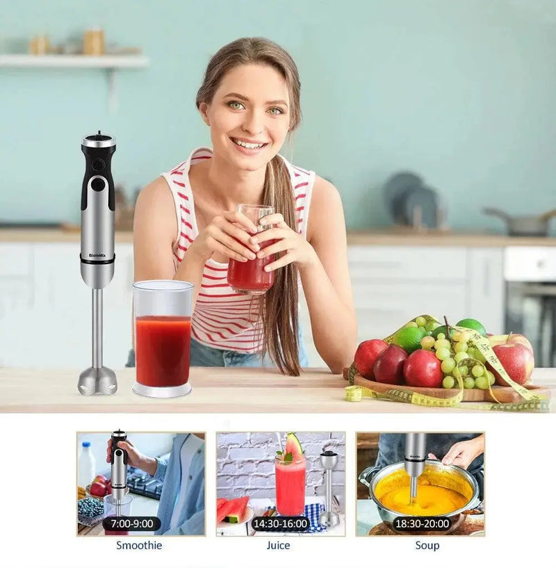 BioloMix 1200W 5-in-1 Immersion Hand Stick Blender Mixer Vegetable Meat Grinder 800ml Chopper Whisk 600ml Smoothie Cup - Property & Safety Tradings