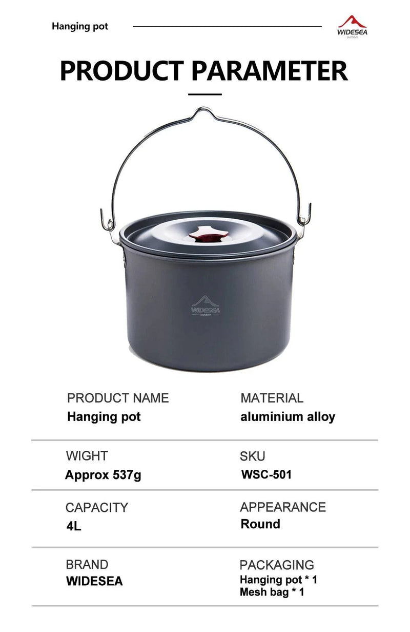 Widesea 4L Camping Hanging Pot Cookware Outdoor Bowler Tableware 4-6 Persons Picnic Cooking Tourism Fishing kitchen Equipment - Property & Safety Tradings