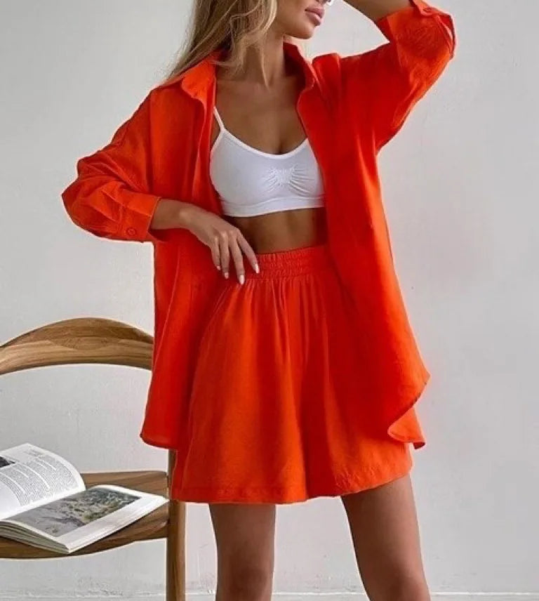 Spring Fashion Casual Short Set Women Tracksuit Wear Loose Long Shirt Top And High Waist Shorts Two Piece Sets Summer Outfits - Property & Safety Tradings