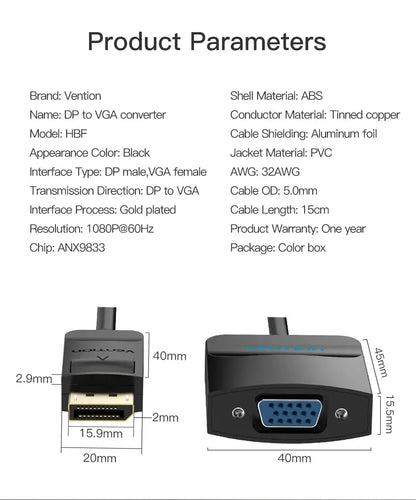 Vention Displayport to VGA Adapter 1080P Display Port Male to VGA Female Audio Converter for Projector HDTV DVDMonitor DP to VGA - Property & Safety Tradings