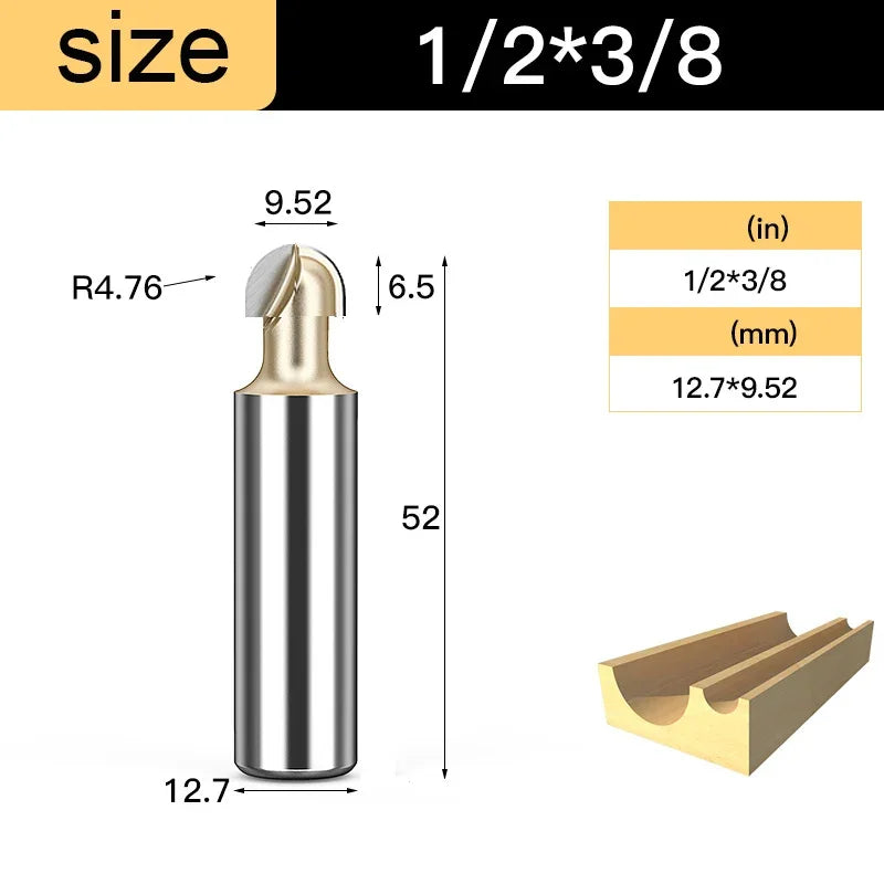 Core Box Round Cove Nose Bit Tungsten Carbide CNC Woodworking Groove Tools Router Bits for Wood 1/2 1/4 Shank Milling Cutter