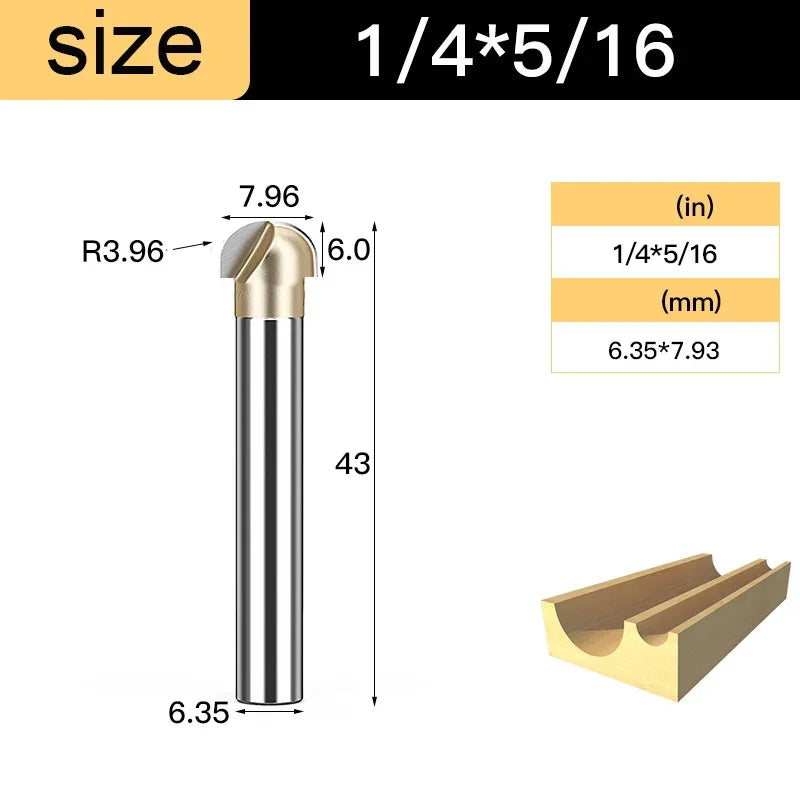 Core Box Round Cove Nose Bit Tungsten Carbide CNC Woodworking Groove Tools Router Bits for Wood 1/2 1/4 Shank Milling Cutter