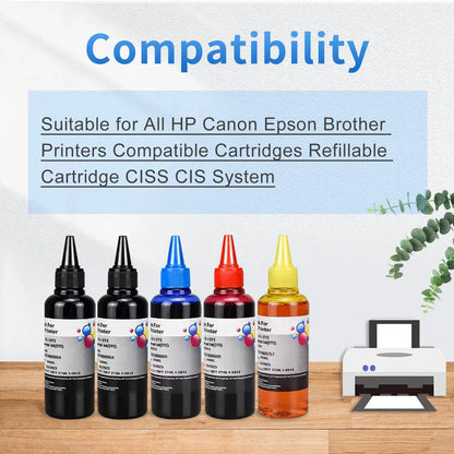 5x100ml Universal Dye Ink Refill for HP Canon Epson Brother Dell Deskjet Inkjet Printer, BK C M Y Bottle Tank Cartridge CISS Ink - PST PS Tradings