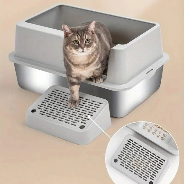 Pet Cat Litter Box Side Door Slope Stainless Steel Open Type Cat Toilet Durable Spacious For Easy Comfortable Use - Property & Safety Tradings