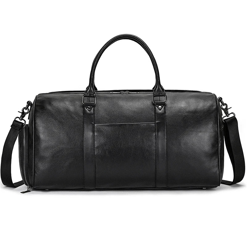 Big Capacity Genuine Leather Travel Bag For Men Women Soft Black Cowhide Casual Travel Duffel Large Luggage Weekend Shoulder Bag