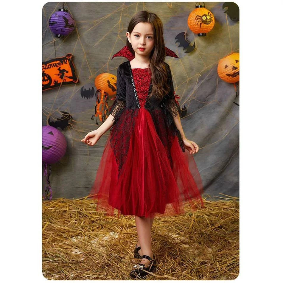 Vampire Costume for Girls Halloween Princess Party Dress Kids Cosplay Dresses Children Stand Collar Tulle Lace Black Red Clothes - Property & Safety Tradings