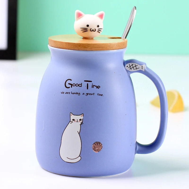 Creative color cat heat-resistant Mug cartoon with lid 450ml cup kitten coffee ceramic mugs children cup office Drinkware gift - PST PS Tradings