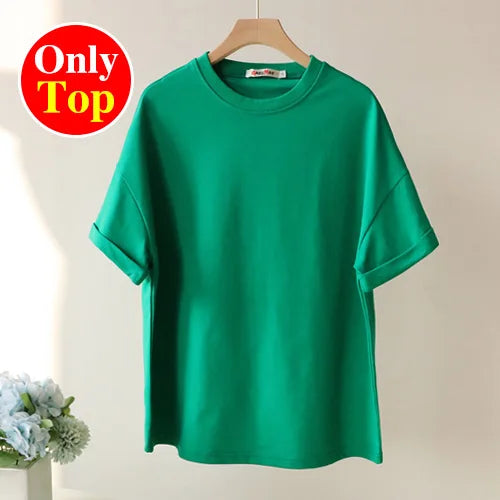 Summer Women's Tracksuit Suit Shorts With T-shirt Two Piece Set Top Loose Oversize Cotton Green Women Classic Casual Sportswear - Property & Safety Tradings