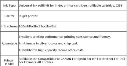 5x100ml Universal Dye Ink Refill for HP Canon Epson Brother Dell Deskjet Inkjet Printer, BK C M Y Bottle Tank Cartridge CISS Ink - PST PS Tradings