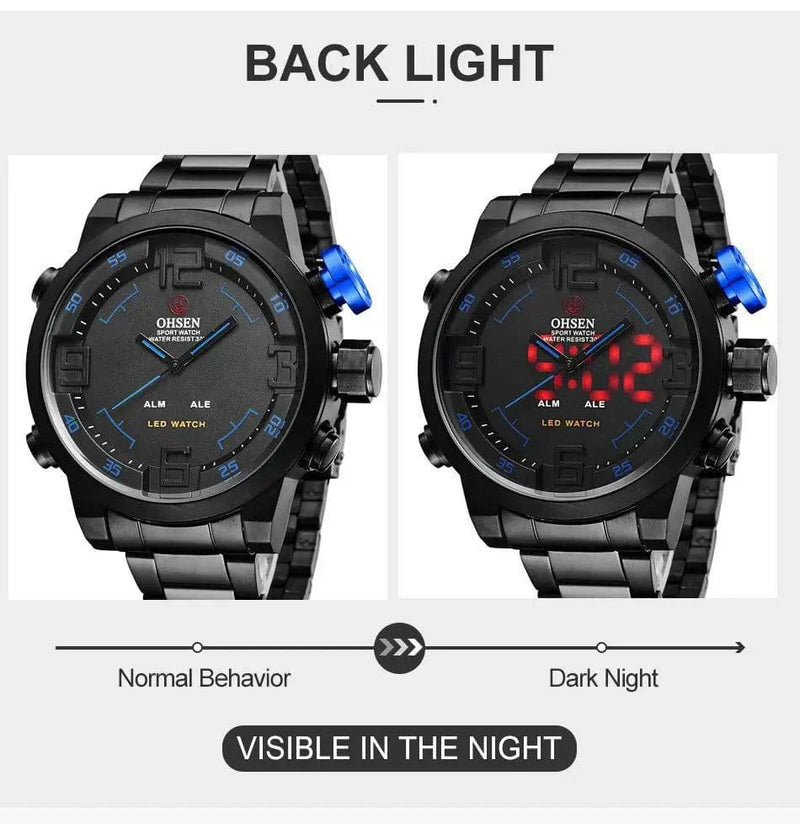 Fashion Sport Watch Men Digital Quartz LED Steel Strap Man Dual Time Watch 3ATM Waterproof Military Wristwatches Relogios - Property & Safety Tradings