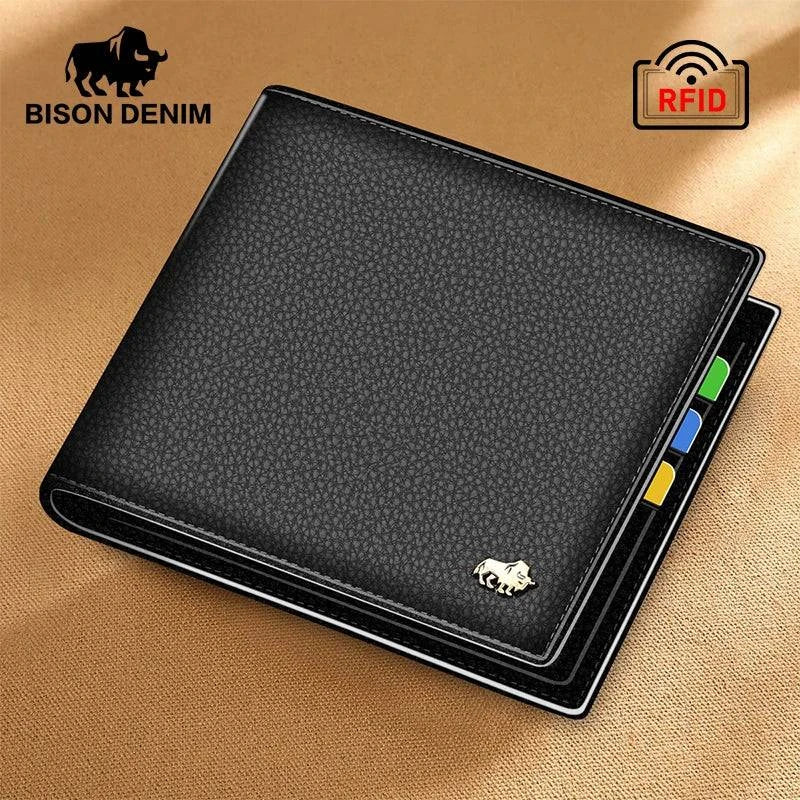 BISON DENIM Genuine Leather Men Wallets Brand Luxury RFID Bifold Wallet Zipper Coin Purse Business Card Holder Wallet N4470 - PST PS Tradings